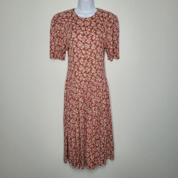 American Vintage Dresses & Skirts - Vintage 90s red floral trad wife cottagecore drop waist half sleeve midi dress 9
